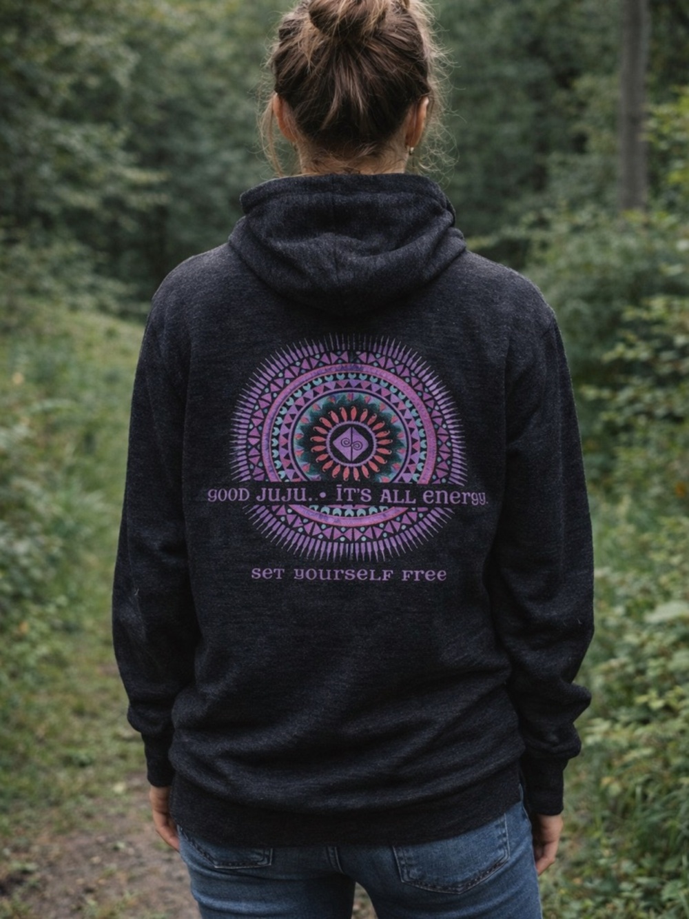 Black Hoodie with Purple Mandala Graphic - "Good Juju" Size M